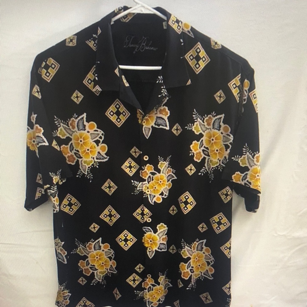 Tommy Bahama Black and Yellow Geometric Floral Shirt